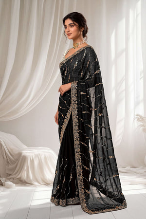 Black Sequin with Floral Embroidered Silk Saree (ACA8594)