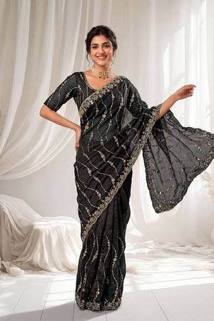 Black Sequin with Floral Embroidered Silk Saree (ACA8594)