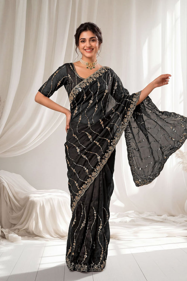 Black Sequin with Floral Embroidered Silk Saree (ACA8594)