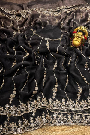 Black Sequin with Floral Embroidered Silk Saree (ACA8594)