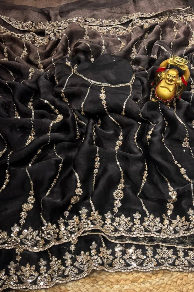 Black Sequin with Floral Embroidered Silk Saree (ACA8594)