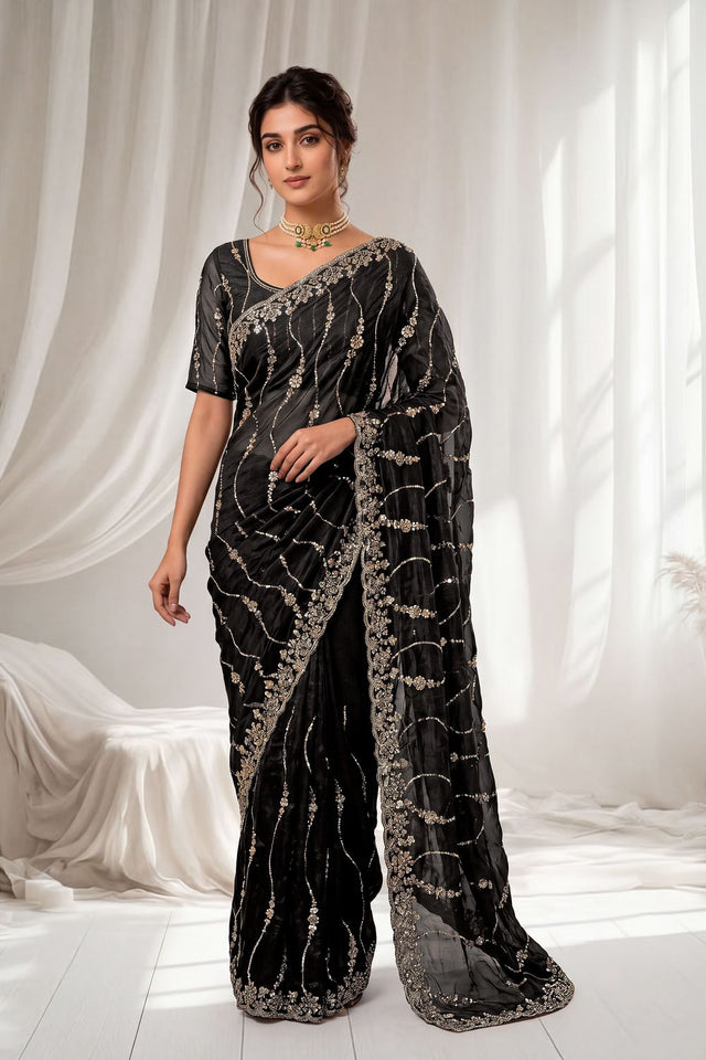 Black Sequin with Floral Embroidered Silk Saree (ACA8594)