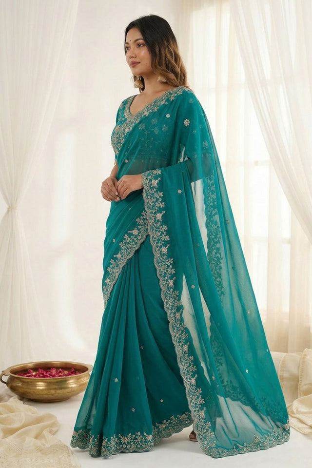 Sea Green Sequin with Floral Embroidered Satin Saree (ACA8595)