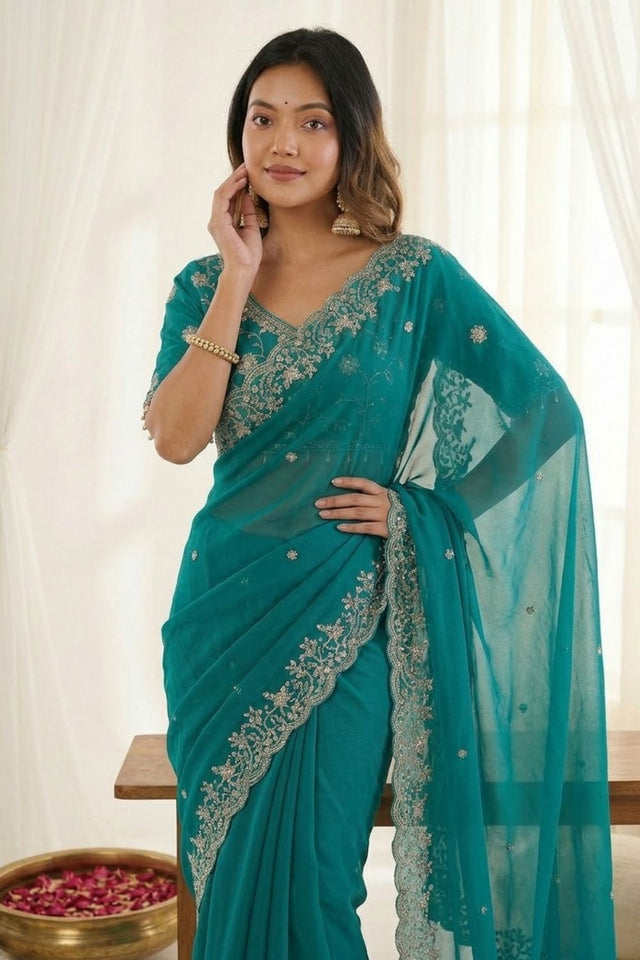 Sea Green Sequin with Floral Embroidered Satin Saree (ACA8595)