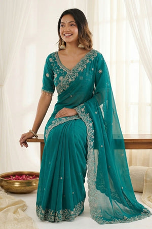 Sea Green Sequin with Floral Embroidered Satin Saree (ACA8595)