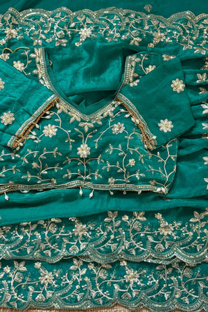 Sea Green Sequin with Floral Embroidered Satin Saree (ACA8595)