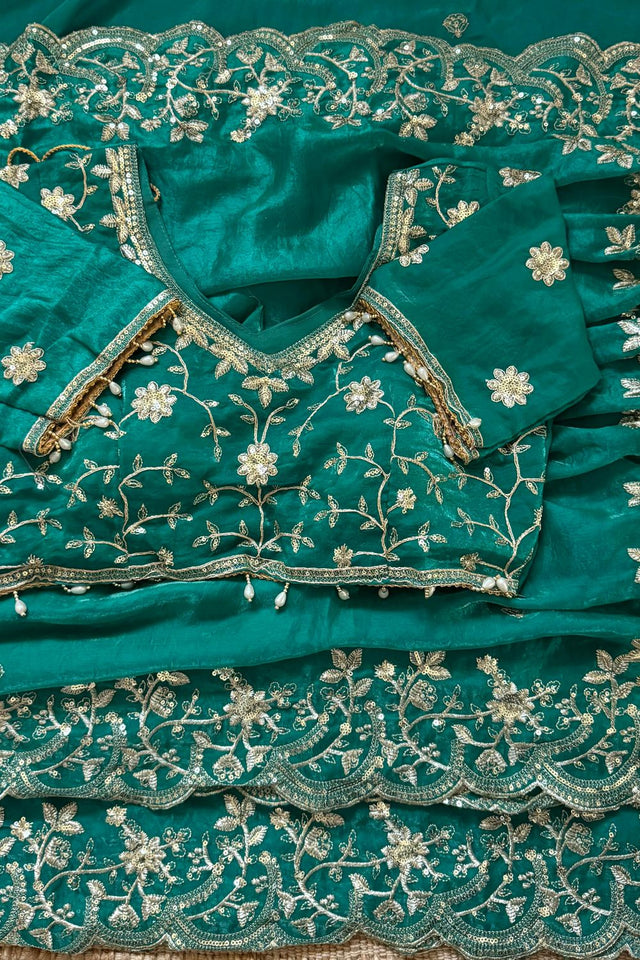 Sea Green Sequin with Floral Embroidered Satin Saree (ACA8595)