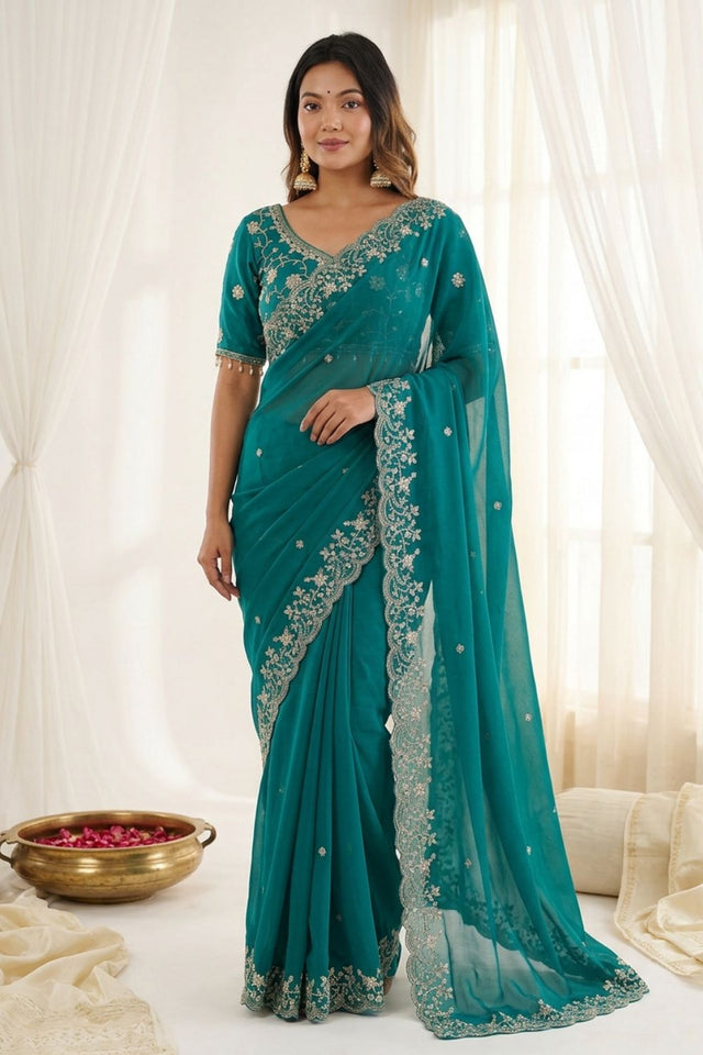 Sea Green Sequin with Floral Embroidered Satin Saree (ACA8595)