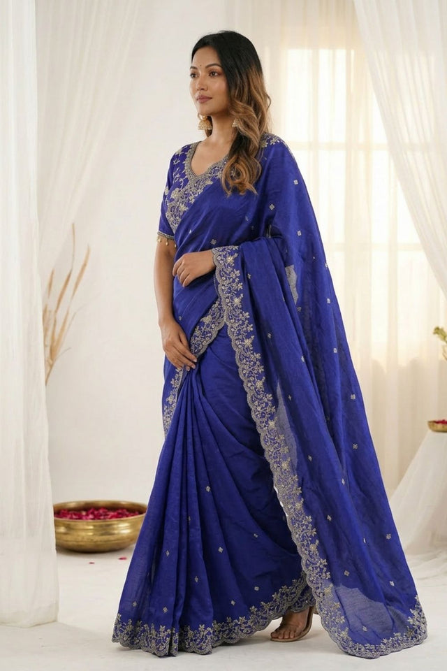 Royal Blue Sequin with Floral Embroidered Satin Saree (ACA8596)