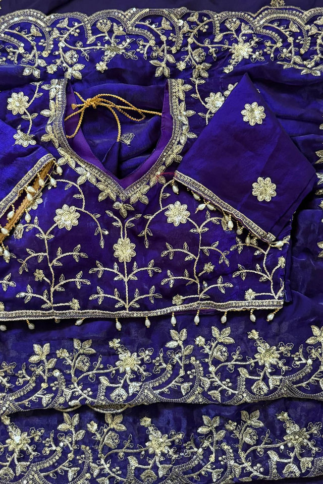 Royal Blue Sequin with Floral Embroidered Satin Saree (ACA8596)