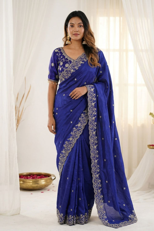 Royal Blue Sequin with Floral Embroidered Satin Saree (ACA8596)
