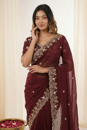 Brown Sequin with Floral Embroidered Satin Saree (ACA8597)