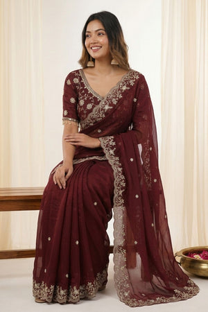 Brown Sequin with Floral Embroidered Satin Saree (ACA8597)