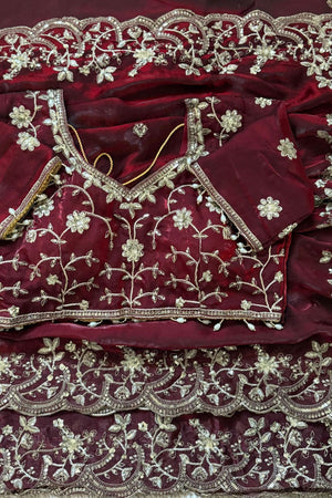 Brown Sequin with Floral Embroidered Satin Saree (ACA8597)