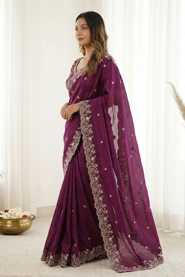 Purple Sequin with Floral Embroidered Satin Saree (ACA8598)