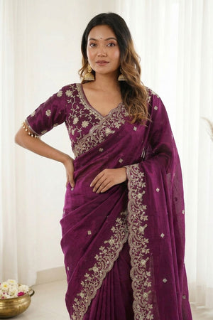 Purple Sequin with Floral Embroidered Satin Saree (ACA8598)