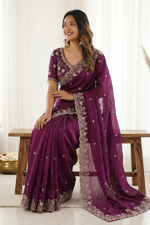 Purple Sequin with Floral Embroidered Satin Saree (ACA8598)