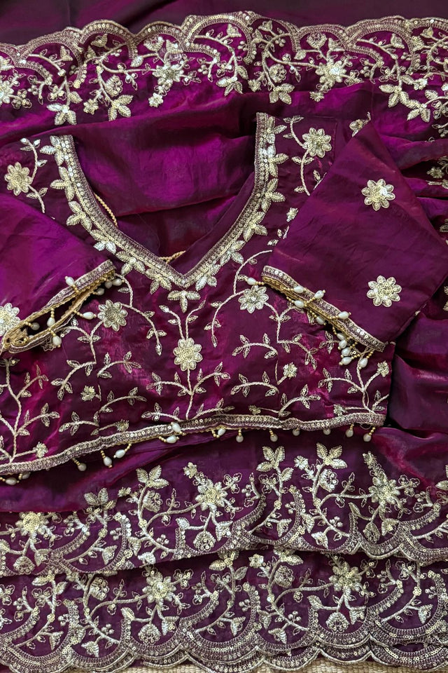 Purple Sequin with Floral Embroidered Satin Saree (ACA8598)