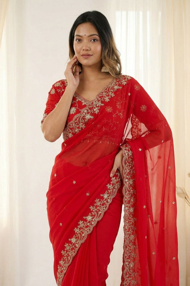 Red Sequin with Floral Embroidered Satin Saree (ACA8599)
