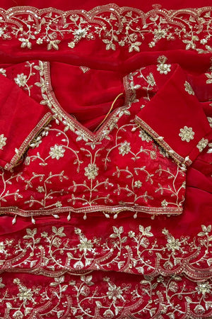 Red Sequin with Floral Embroidered Satin Saree (ACA8599)