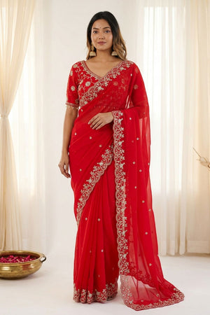 Red Sequin with Floral Embroidered Satin Saree (ACA8599)