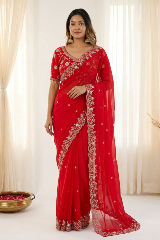 Red Sequin with Floral Embroidered Satin Saree (ACA8599)
