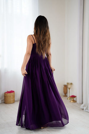 Wine Georgette Floral Embroidered Gown (ACA8600)