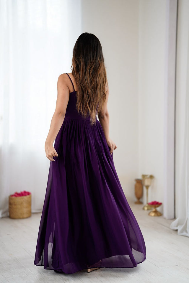 Wine Georgette Floral Embroidered Gown (ACA8600)