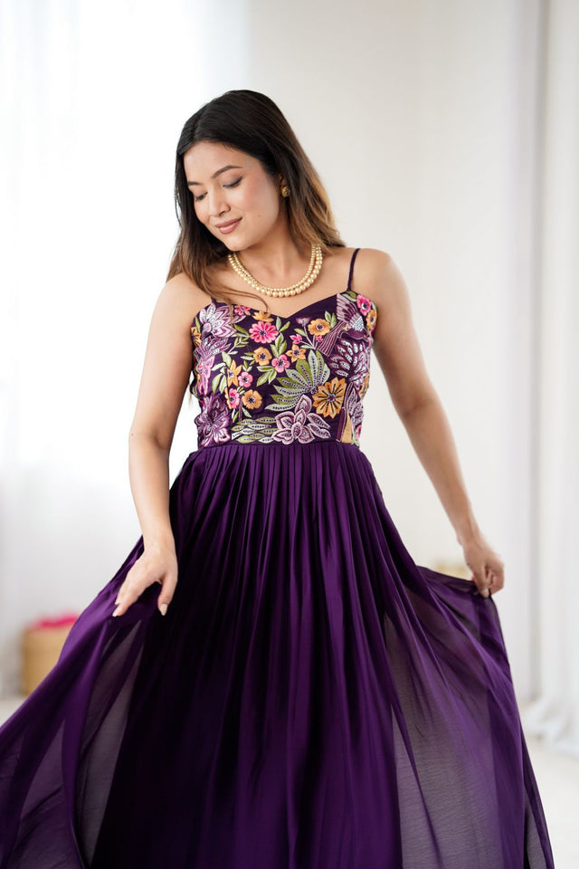 Wine Georgette Floral Embroidered Gown (ACA8600)