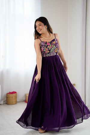 Wine Georgette Floral Embroidered Gown (ACA8600)