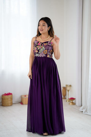Wine Georgette Floral Embroidered Gown (ACA8600)