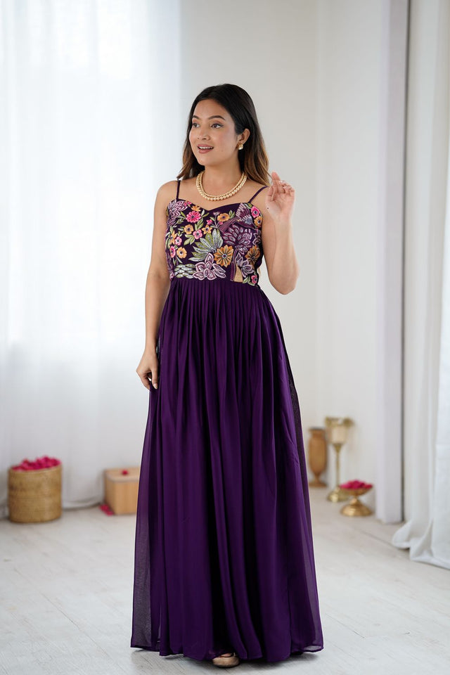 Wine Georgette Floral Embroidered Gown (ACA8600)