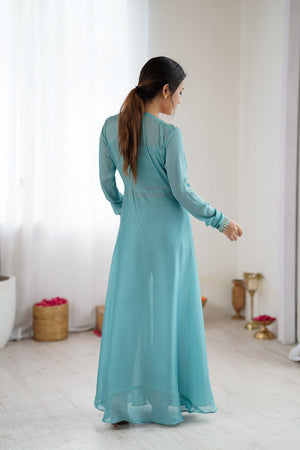 Blue Georgette Floral Embroidered Gown (ACA8601)