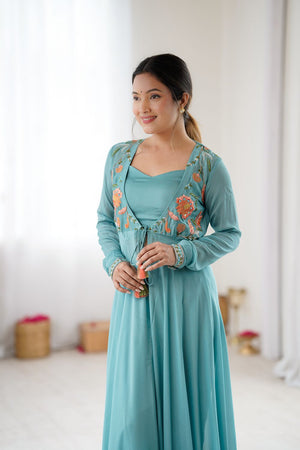 Blue Georgette Floral Embroidered Gown (ACA8601)