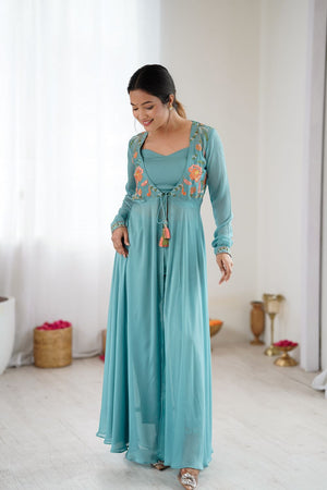 Blue Georgette Floral Embroidered Gown (ACA8601)