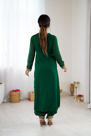 Dark Green Georgette Floral Embroidered Kurti Pant Set (ACA8603)