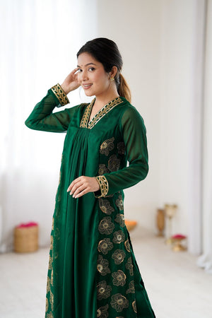 Dark Green Georgette Floral Embroidered Kurti Pant Set (ACA8603)
