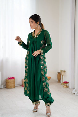 Dark Green Georgette Floral Embroidered Kurti Pant Set (ACA8603)