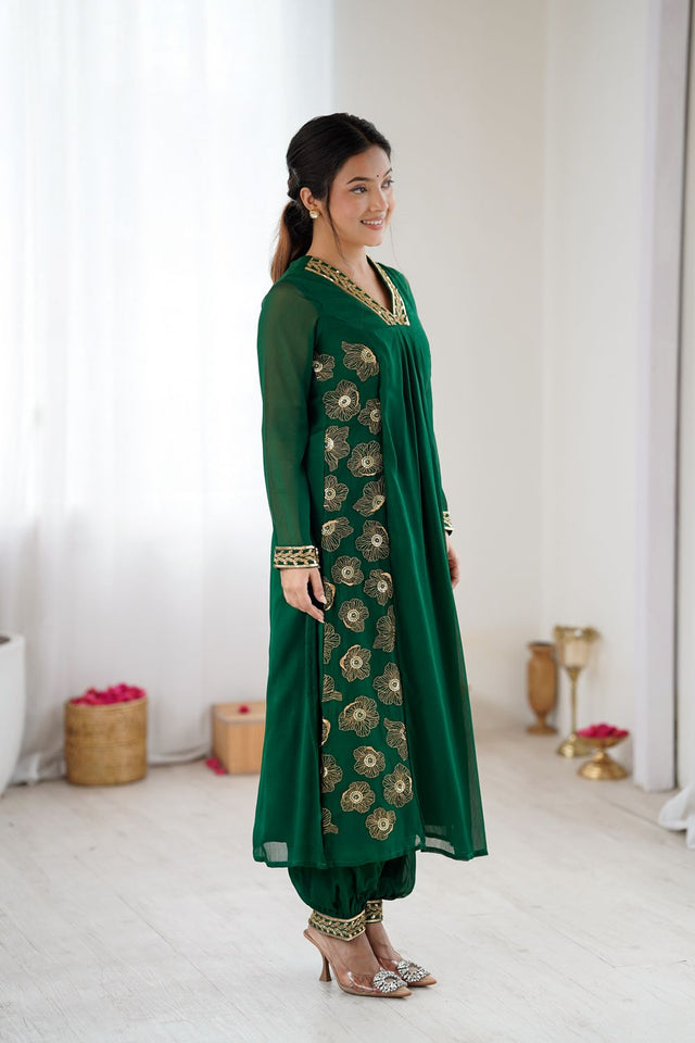 Dark Green Georgette Floral Embroidered Kurti Pant Set (ACA8603)