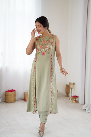 Green Georgette Floral Embroidered Kurti Pant Set (ACA8604)