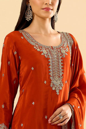 Orange Silk Embroidered Palazzo Suit (ACA8605)