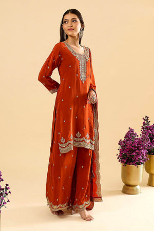 Orange Silk Embroidered Palazzo Suit (ACA8605)