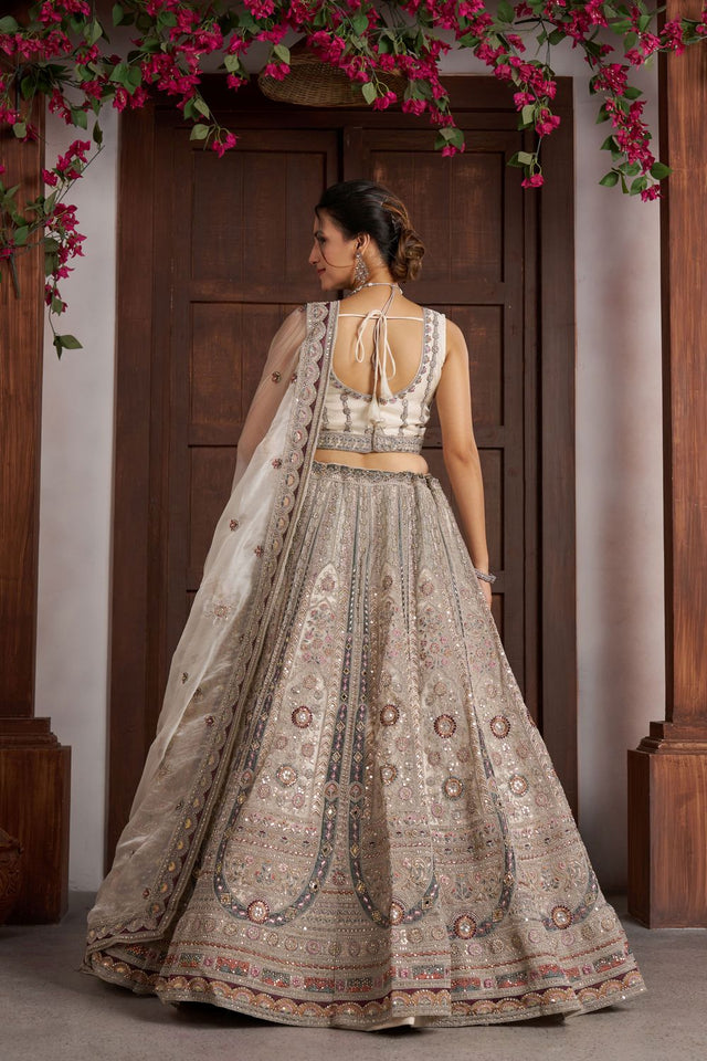 White Net Sequin with Floral Embroidered Lehenga (ACA8610)