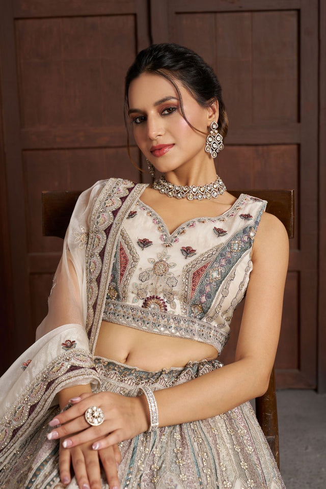 White Net Sequin with Floral Embroidered Lehenga (ACA8610)