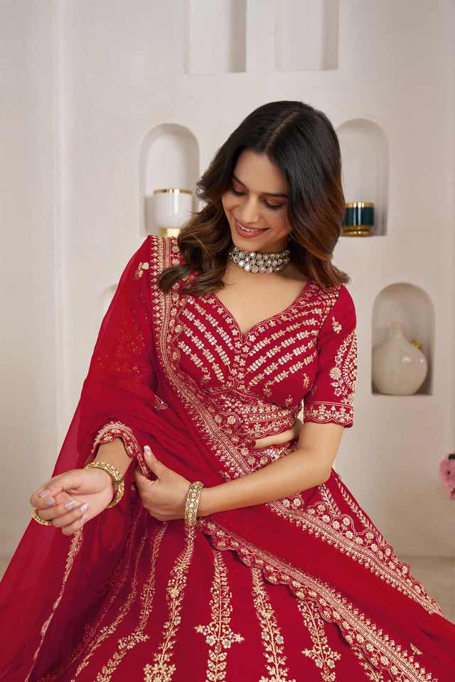 Red Silk Sequin with Floral Embroidered Lehenga (ACA8613)