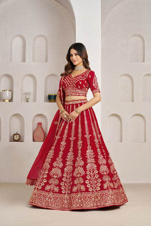 Red Silk Sequin with Floral Embroidered Lehenga (ACA8613)