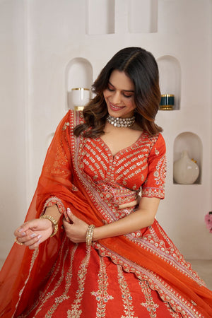 Rust Silk Sequin with Floral Embroidered Lehenga (ACA8614)