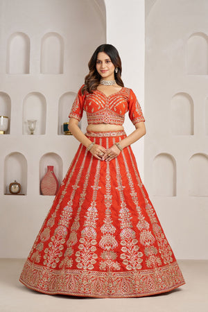 Rust Silk Sequin with Floral Embroidered Lehenga (ACA8614)