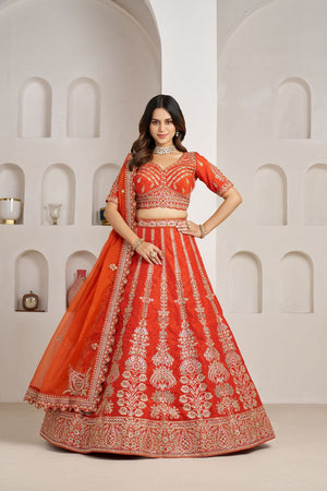 Rust Silk Sequin with Floral Embroidered Lehenga (ACA8614)