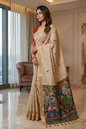 Cream Cotton Blend Kalamkari Woven Saree (ACA8618)